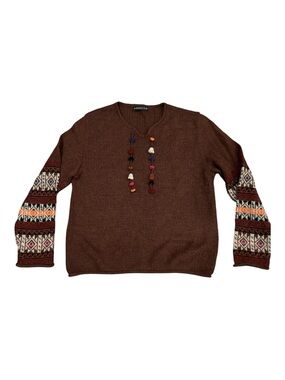 Alpaca III Brown Alpaca Blend Sweater Womens Boho Fair Isle Pattern Tassels Med.
